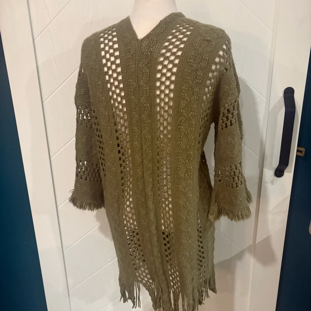 Olive green crochet boho fringe knit cardigan‎ ( small) festival / cottagecore - Picture 6 of 7